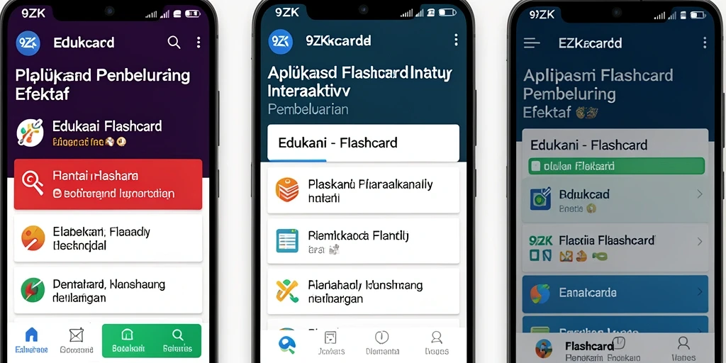 Tampilan antarmuka aplikasi 9ZK dengan fungsi flashcard interaktif.